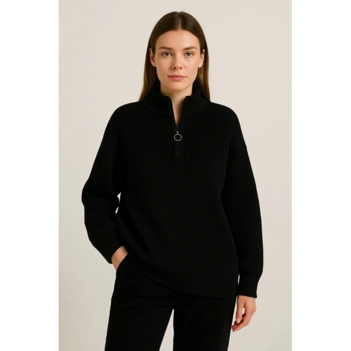 KADIN Yarım Fermuarlı Triko Kazak – elanik Örgü, Dik Yaka, Pamuklu Dokuma, Oversize Uzun Kollu Kışlık odel  iyah