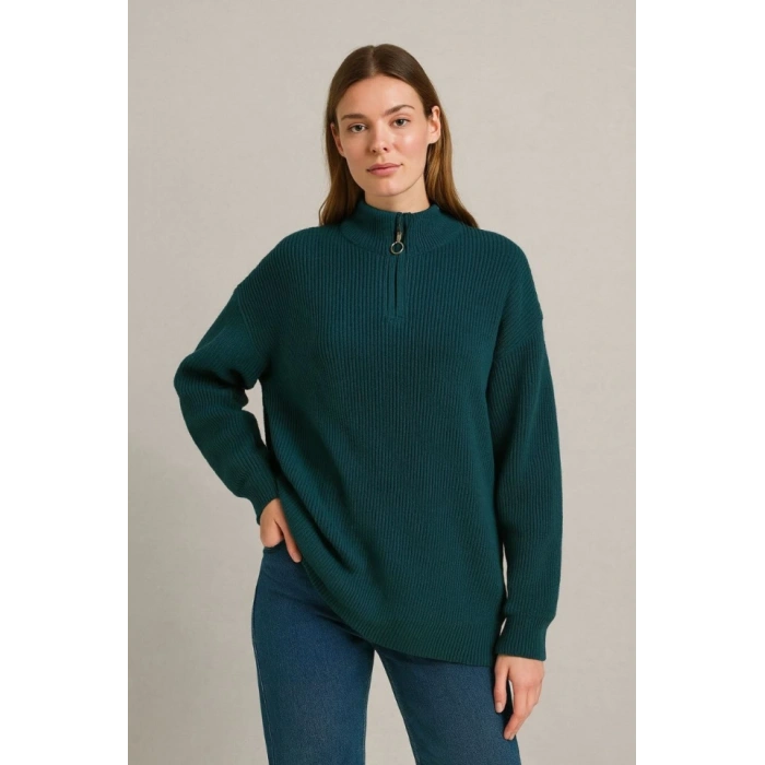 KADIN Yarım Fermuarlı Triko Kazak – elanik Örgü, Dik Yaka, Pamuklu Dokuma, Oversize Uzun Kollu Kışlık odel  Haki