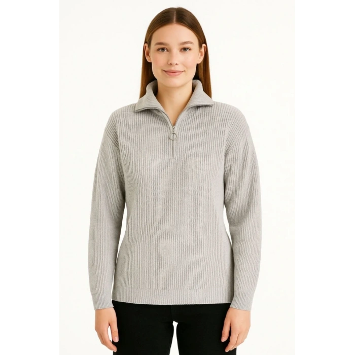 KADIN Yarım Fermuarlı Triko Kazak – elanik Örgü, Dik Yaka, Pamuklu Dokuma, Regular Fit Uzun Kollu Kışlık odel  Gri