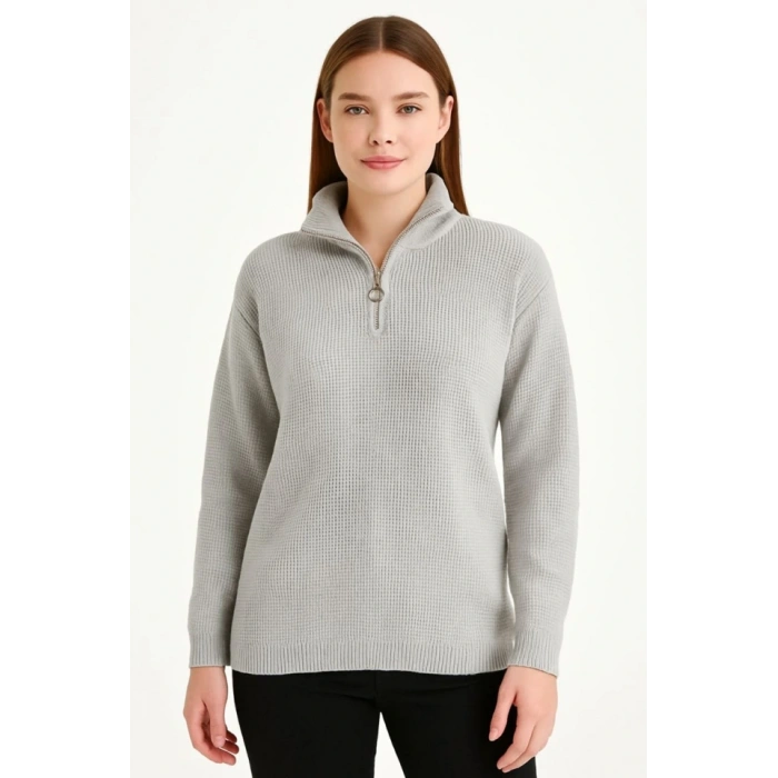 KADIN Yarım Fermuarlı Triko Kazak – elanik Örgü, Dik Yaka, Pamuklu Dokuma, Regular Fit Uzun Kollu Kışlık odel  Gri