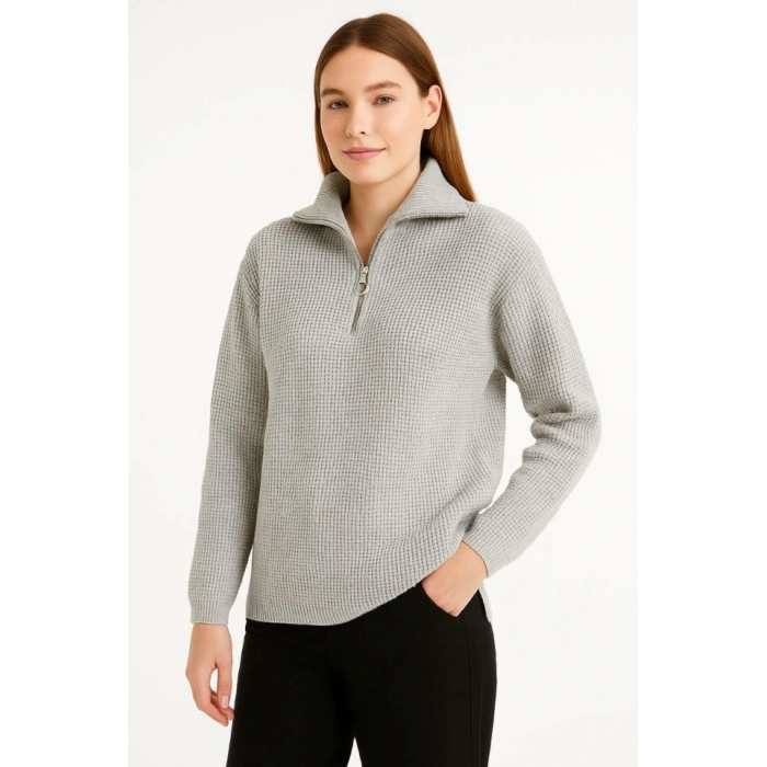 KADIN Yarım Fermuarlı Triko Kazak – elanik Örgü, Dik Yaka, Pamuklu Dokuma, Regular Fit Uzun Kollu Kışlık odel  Gri