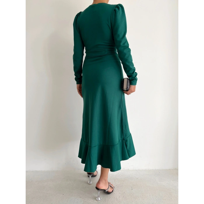 Kadın Yeşil Krep Kumaş idi Boy Kuşaklı Uzunkol Elbise