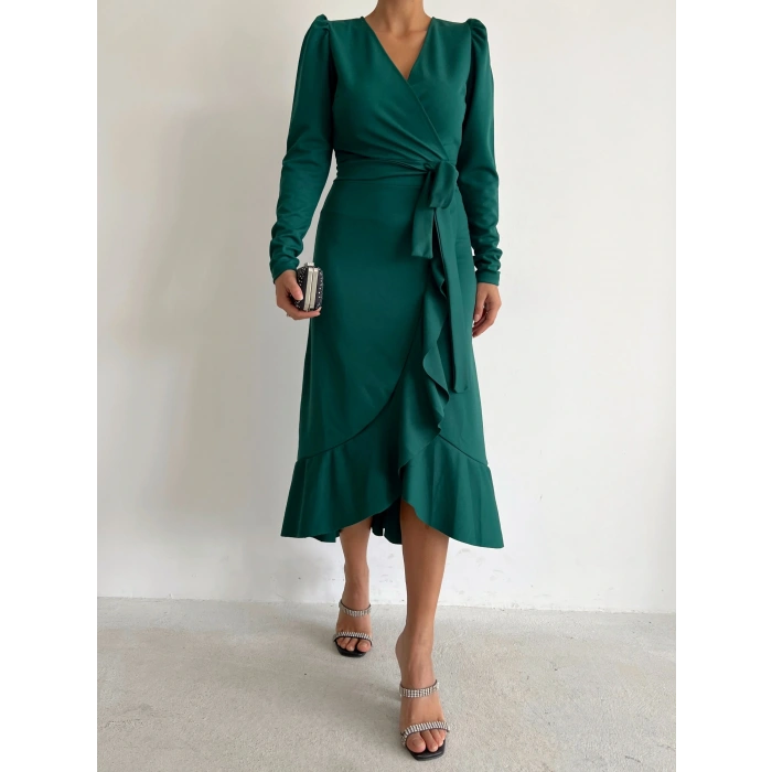 Kadın Yeşil Krep Kumaş idi Boy Kuşaklı Uzunkol Elbise