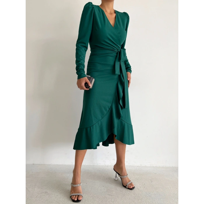 Kadın Yeşil Krep Kumaş idi Boy Kuşaklı Uzunkol Elbise