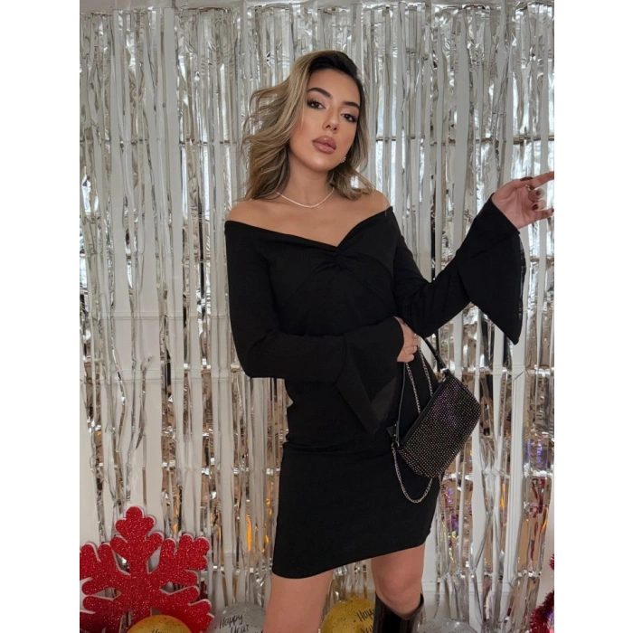 Kadın Yolbaşı özel Uzun Kollu çapraz Derin Dekolte Detaylı Ithal Krep Kısa Elbise