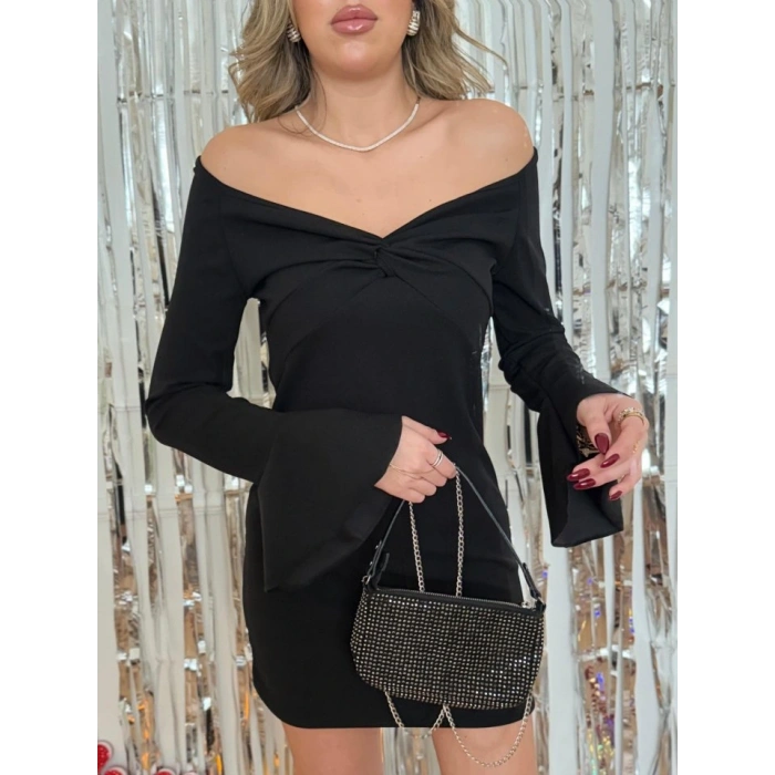 Kadın Yolbaşı özel Uzun Kollu çapraz Derin Dekolte Detaylı Ithal Krep Kısa Elbise