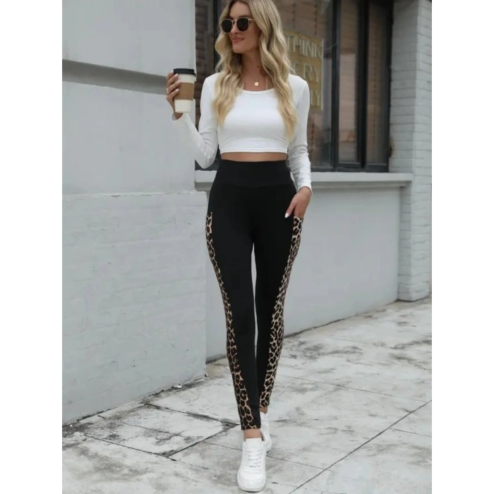 Kadın Yüksek Bel Cep Detaylı Leopar Desenli Dalgıç Tayt