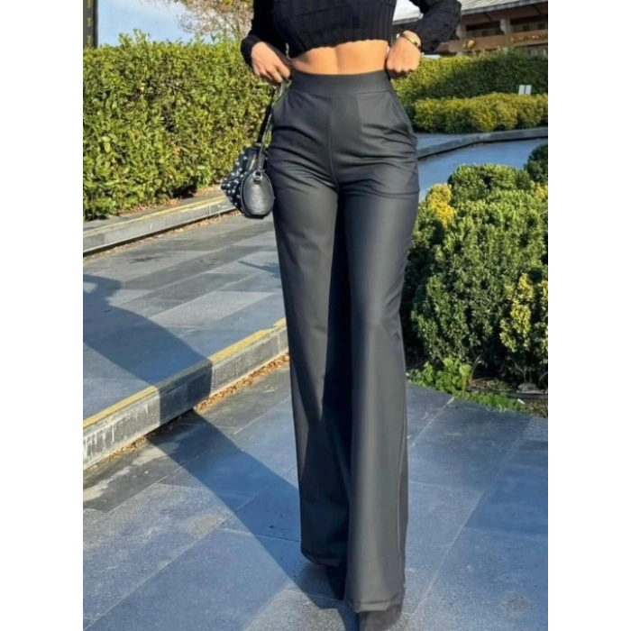 Kadın Yüksek Bel Cepli şardonlu Geniş Paçalı at Deri Pantolon
