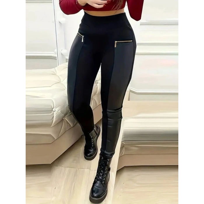 Kadın Yüksek Bel Deri Detaylı Fermuarlı Dalgıç Tayt