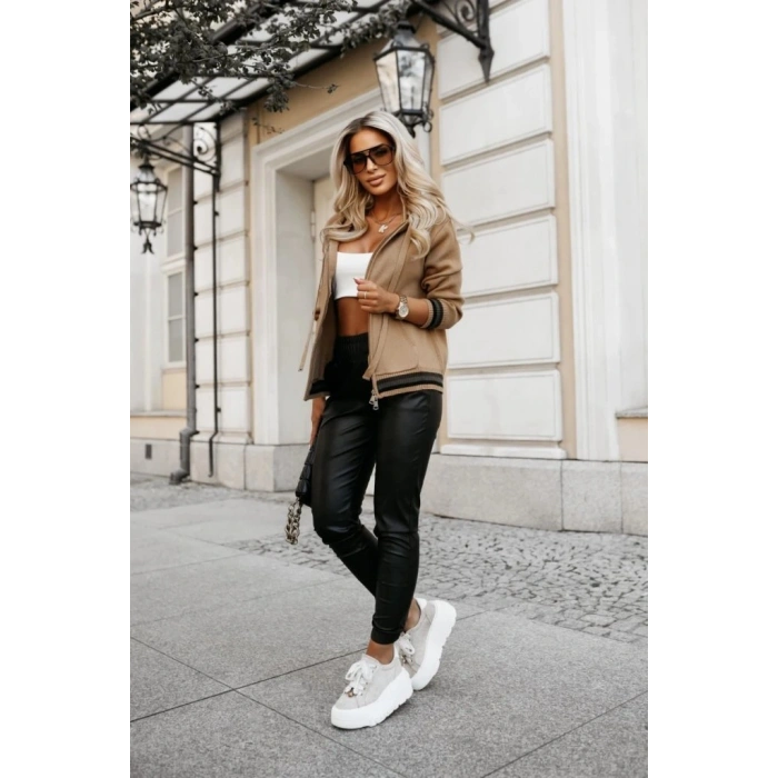 Kadın Yüksek Bel Lastikli Cepli Deri Pantolon