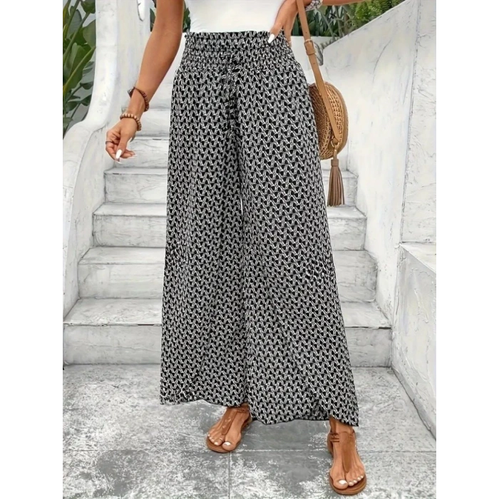 Kadın Yüksek Bel Lastikli önden Iki Parçalı Desenli Bürümcük Pantolon