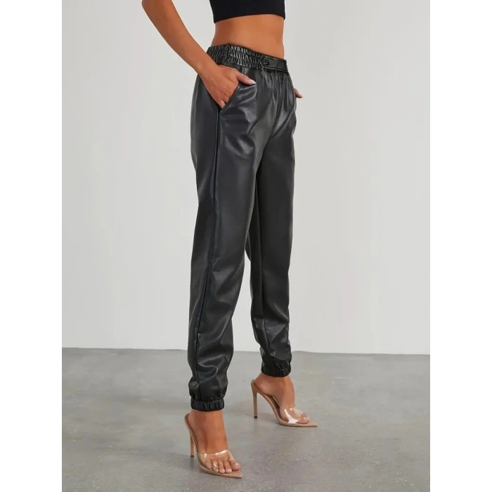 Kadın Yüksek Bel Lastikli önü Düğmeli Deri Pantolon