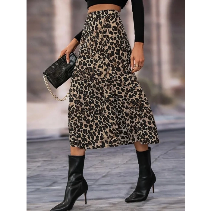 Kadın Yüksek Bel Leopar Desenli Midi Krep Etek