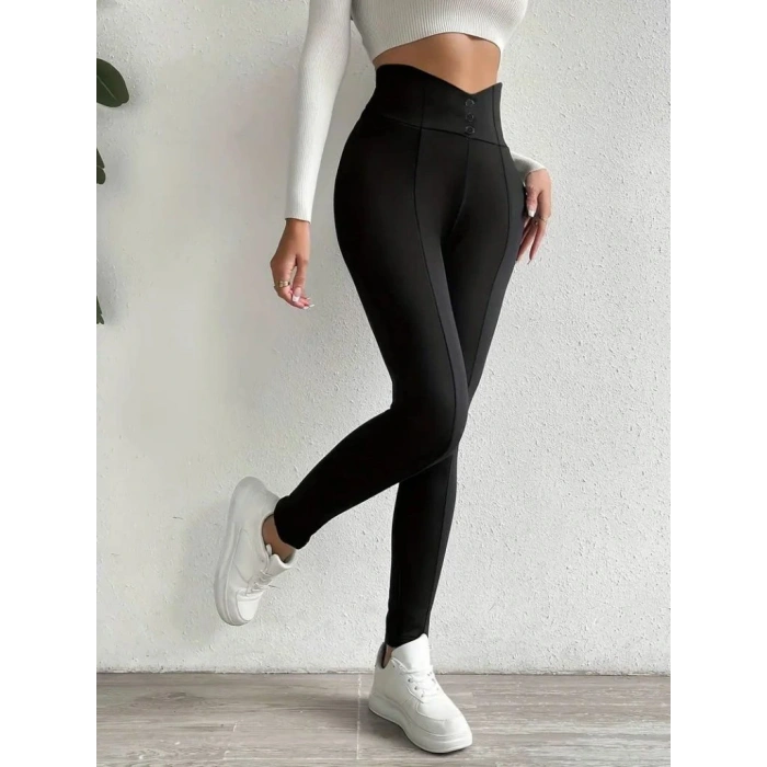 Kadın Yüksek Bel önden Düğmeli Dalgıç Tayt