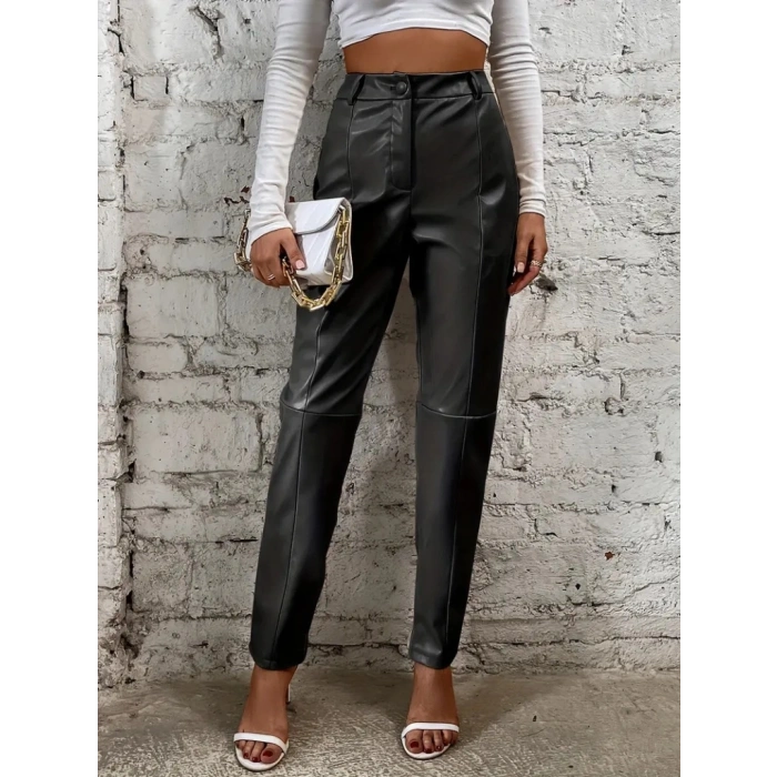 Kadın Yüksek Bel önden Düğmeli Deri Pantolon