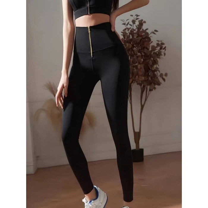 Kadın Yüksek Bel önden Fermuarlı Spor Dalgıç Tayt