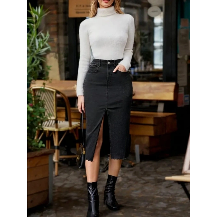 Kadın Yüksek Bel önden Yırtmaçlı Cepli idi Kot Etek