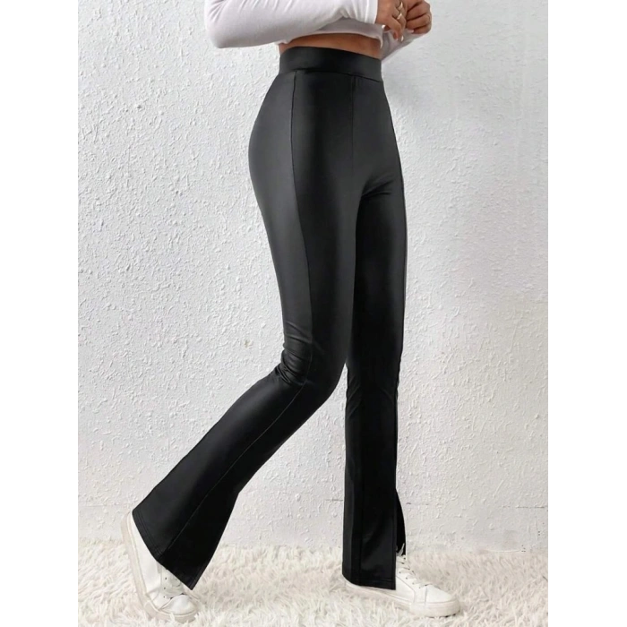 Kadın Yüksek Bel önden Yırtmaçlı Deri Tayt