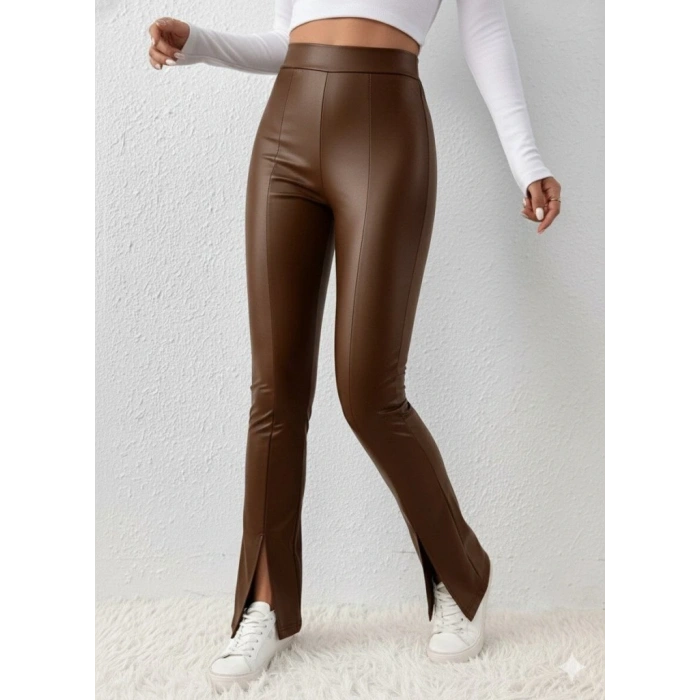 Kadın Yüksek Bel önden Yırtmaçlı Deri Tayt