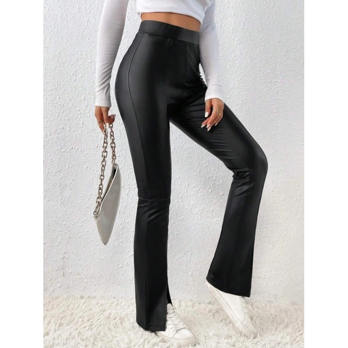 Kadın Yüksek Bel önden Yırtmaçlı Deri Tayt