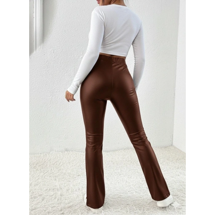 Kadın Yüksek Bel önden Yırtmaçlı Deri Tayt