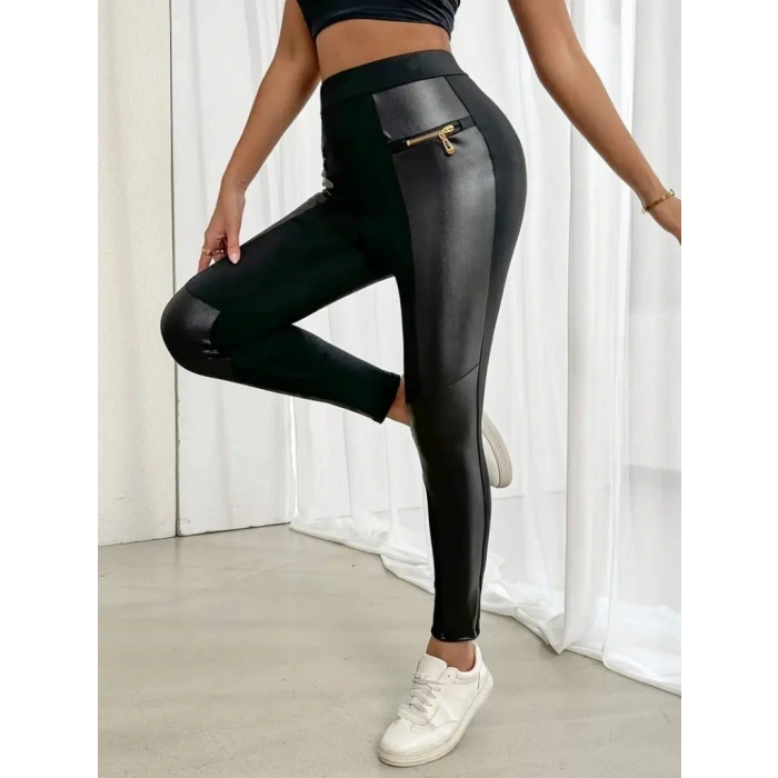 Kadın Yüksek Bel Yan şerit Deri Detay Fermuarlı Dalgıç Tayt