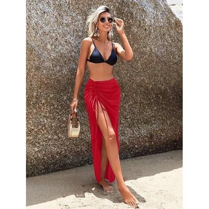 Kadın Yüksek Bel Yandan Büzgülü Uzun Tül Detaylı Pareo