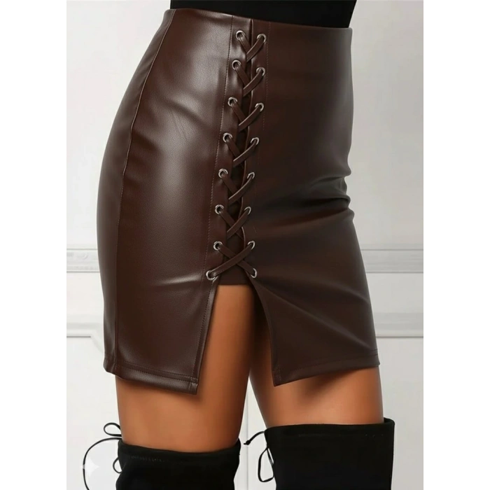 Kadın Yüksek Bel Yandan çapraz Bağcıklı Yırtmaçlı Mini Deri Etek