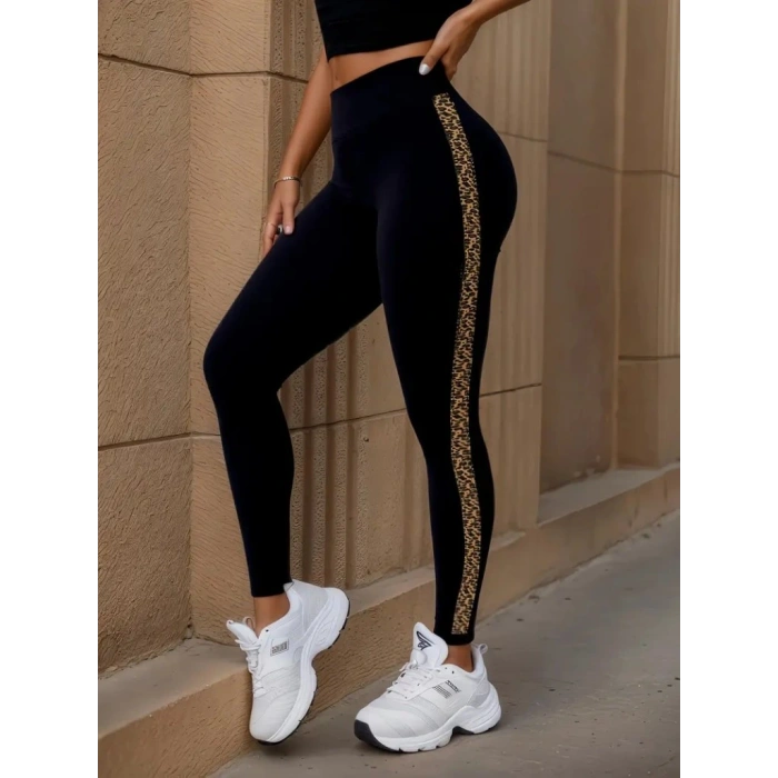 Kadın Yüksek Bel Yandan Leopar Desen Detaylı Dalgıç Tayt