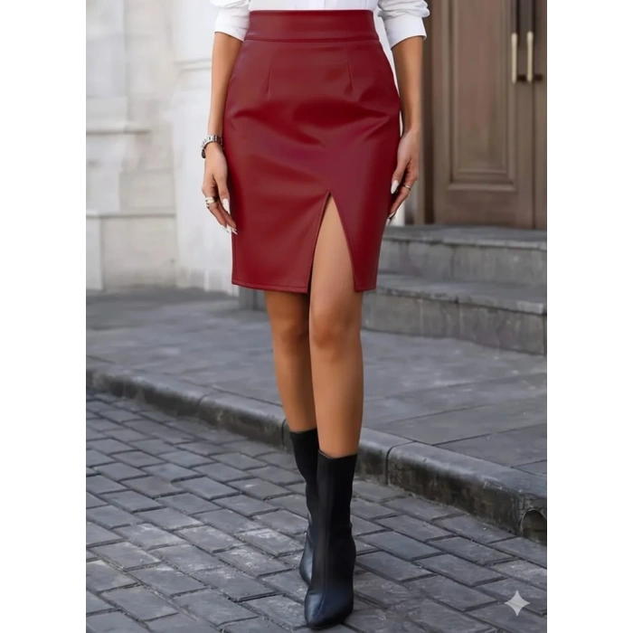 Kadın Yüksek Bel Yırtmaçlı Mini Deri Etek