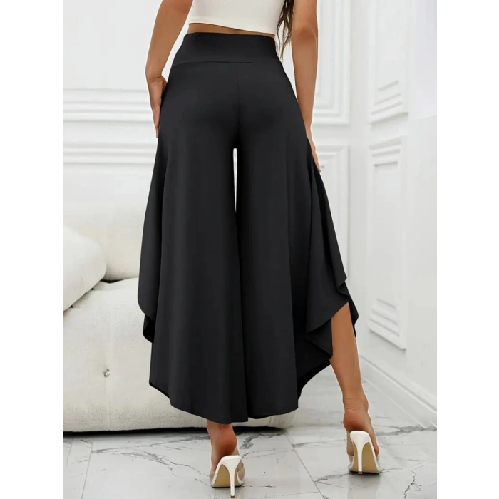 Kadın Yüksek Belli Geniş Paçalı Yanlardan Açık Sandy Pantolon