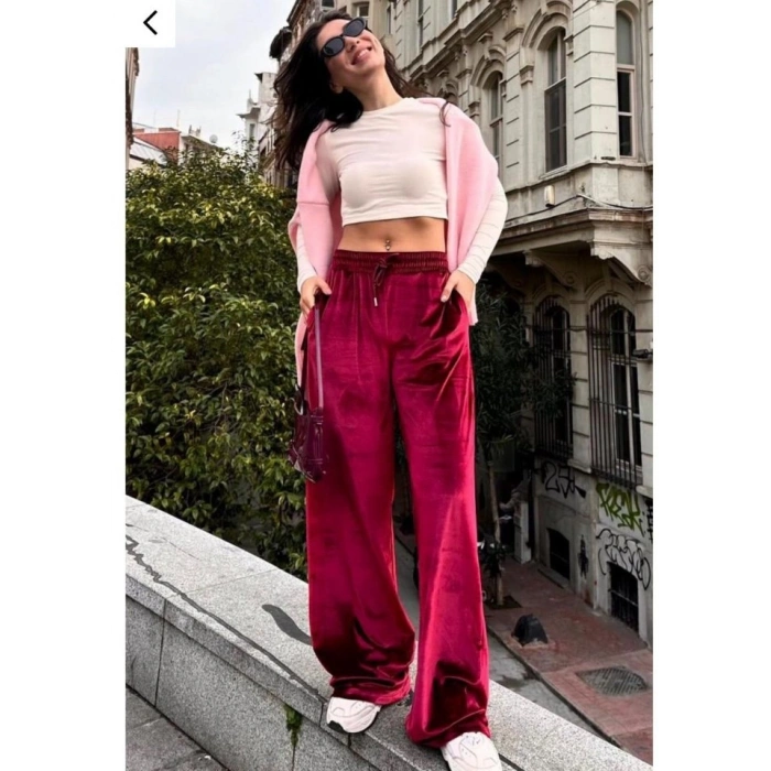 Kadın Yüksek Ben Beli astik Detay Kadife Kumaş Bol Paça Pantolon