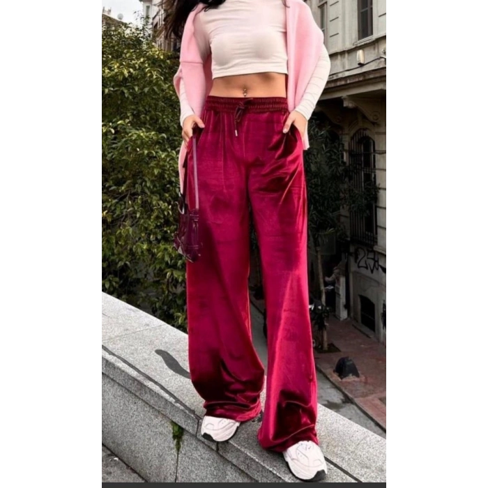 Kadın Yüksek Ben Beli astik Detay Kadife Kumaş Bol Paça Pantolon