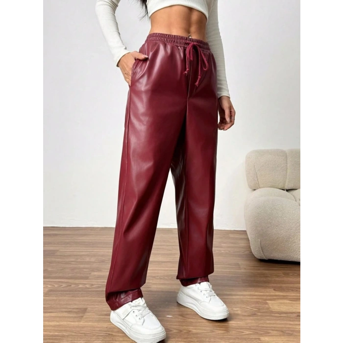 Kadın Yüksel Bel Bağcıklı Deri Pantolon