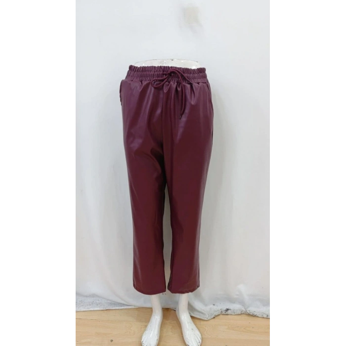 Kadın Yüksel Bel Bağcıklı Deri Pantolon