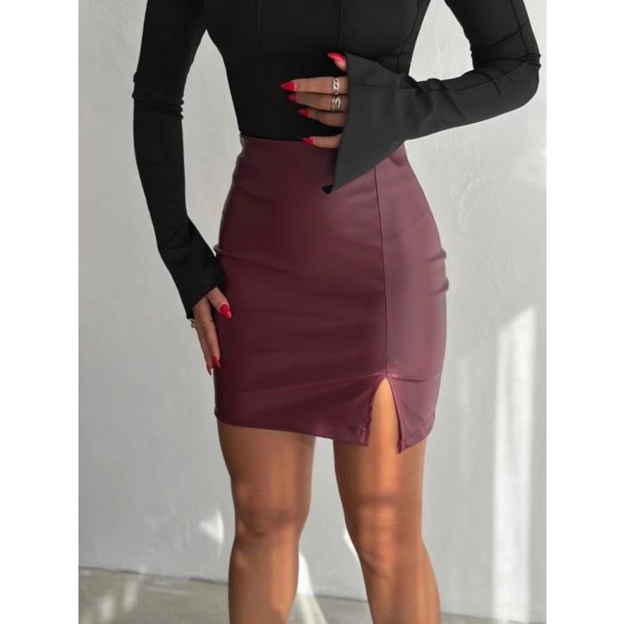 Kadın Yüksel Bel Yırtmaç Detay ini Deri Etek