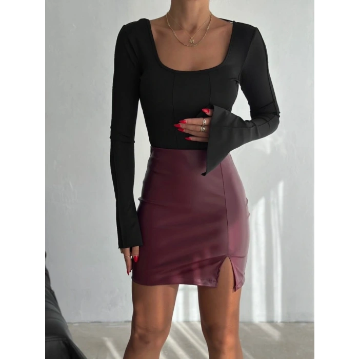 Kadın Yüksel Bel Yırtmaç Detay ini Deri Etek