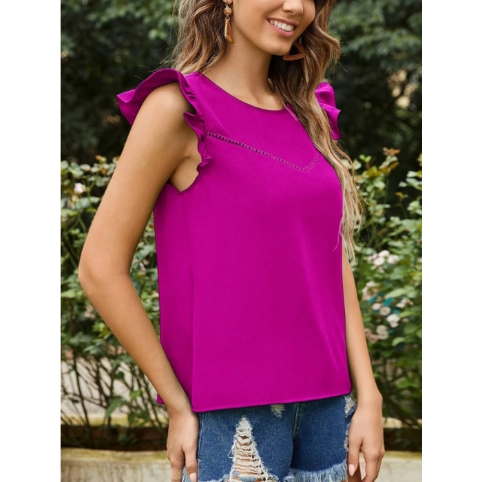 Kadın Yuvarlak Yaka Kolları Fırfırlı Krep Bluz