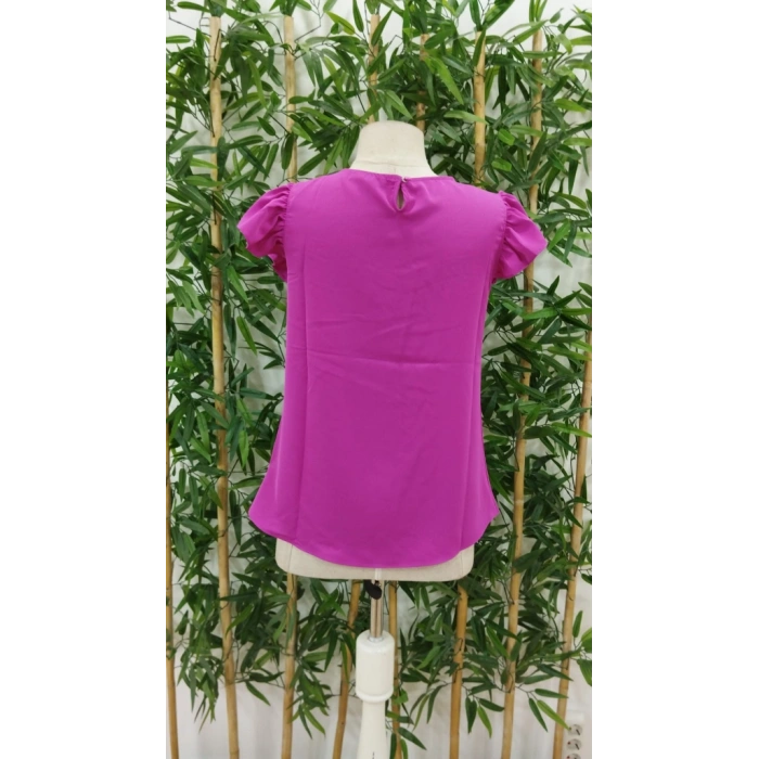 Kadın Yuvarlak Yaka Kolları Fırfırlı Krep Bluz