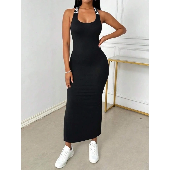 Kadın Yuvarlak Yaka Sırttan çapraz şerit Love Detaylı Yırtmaçlı Viskon Elbise