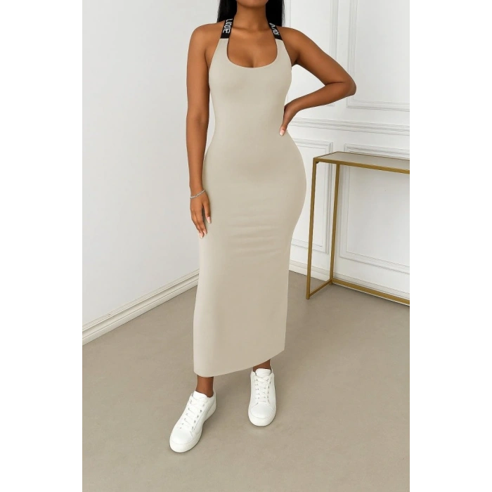 Kadın Yuvarlak Yaka Sırttan çapraz şerit Love Detaylı Yırtmaçlı Viskon Elbise