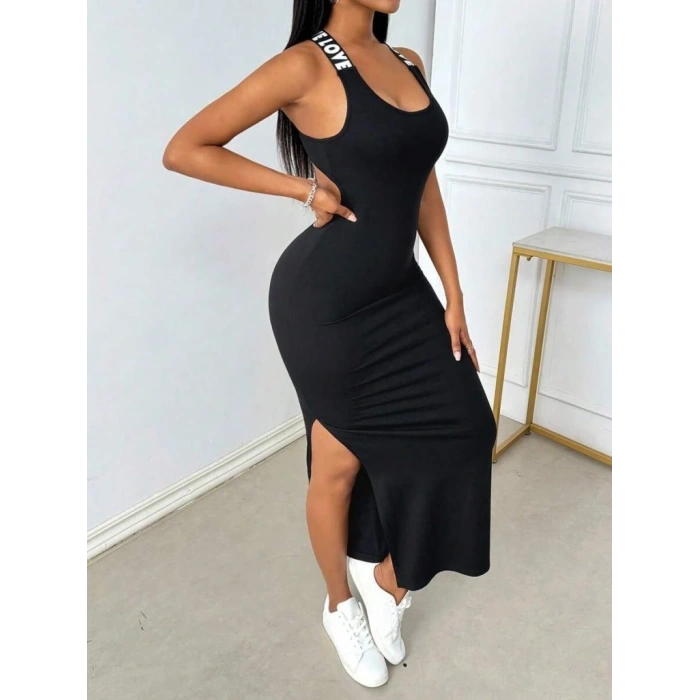 Kadın Yuvarlak Yaka Sırttan çapraz şerit Love Detaylı Yırtmaçlı Viskon Elbise