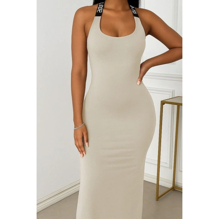 Kadın Yuvarlak Yaka Sırttan çapraz şerit Love Detaylı Yırtmaçlı Viskon Elbise