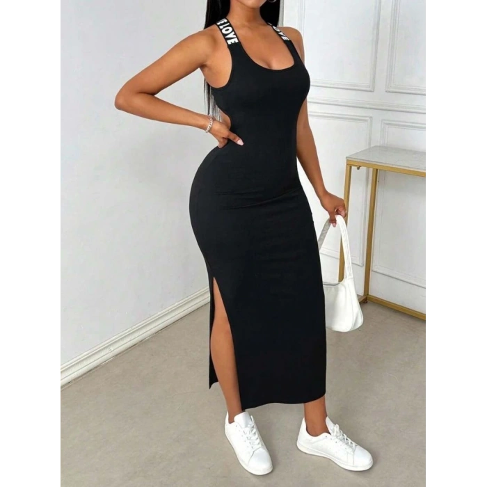 Kadın Yuvarlak Yaka Sırttan çapraz şerit Love Detaylı Yırtmaçlı Viskon Elbise