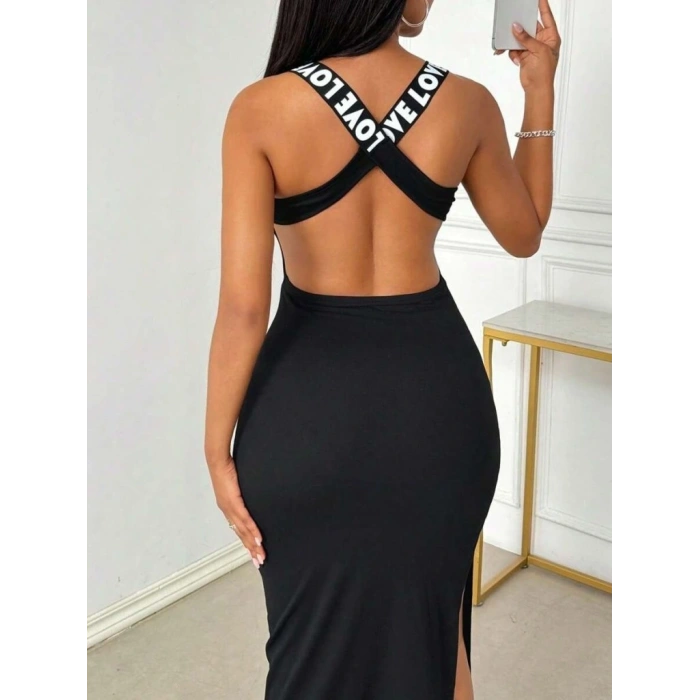 Kadın Yuvarlak Yaka Sırttan çapraz şerit Love Detaylı Yırtmaçlı Viskon Elbise