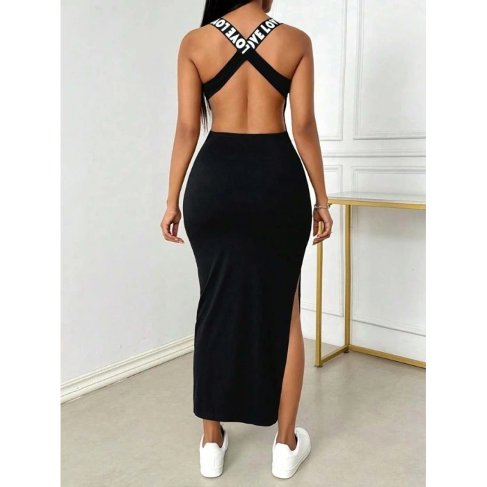 Kadın Yuvarlak Yaka Sırttan çapraz şerit Love Detaylı Yırtmaçlı Viskon Elbise