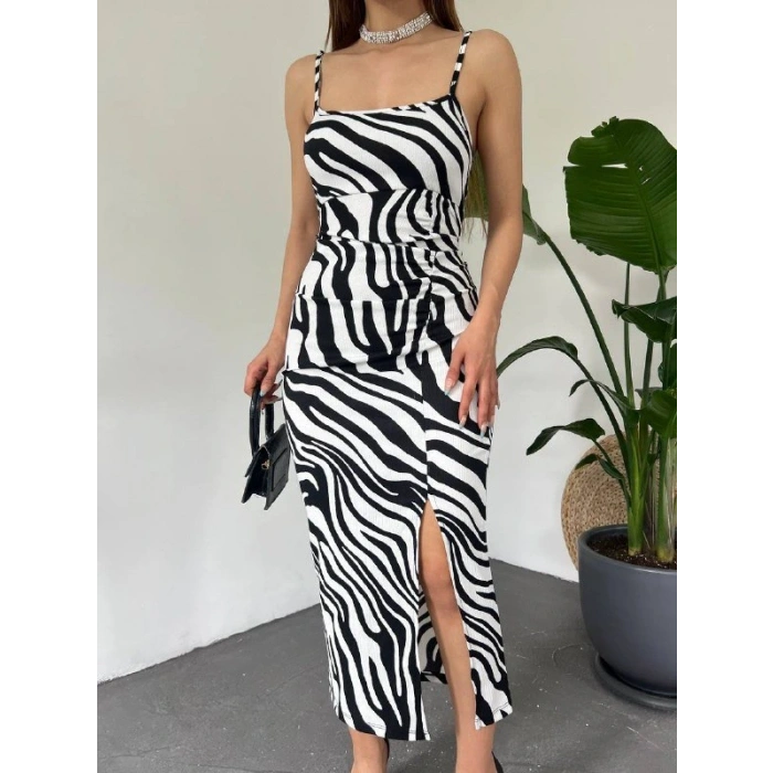 Kadın Zebra Baskılı Omuz Askılı ırt Dekolteli Yırtmaç Detay Elbise