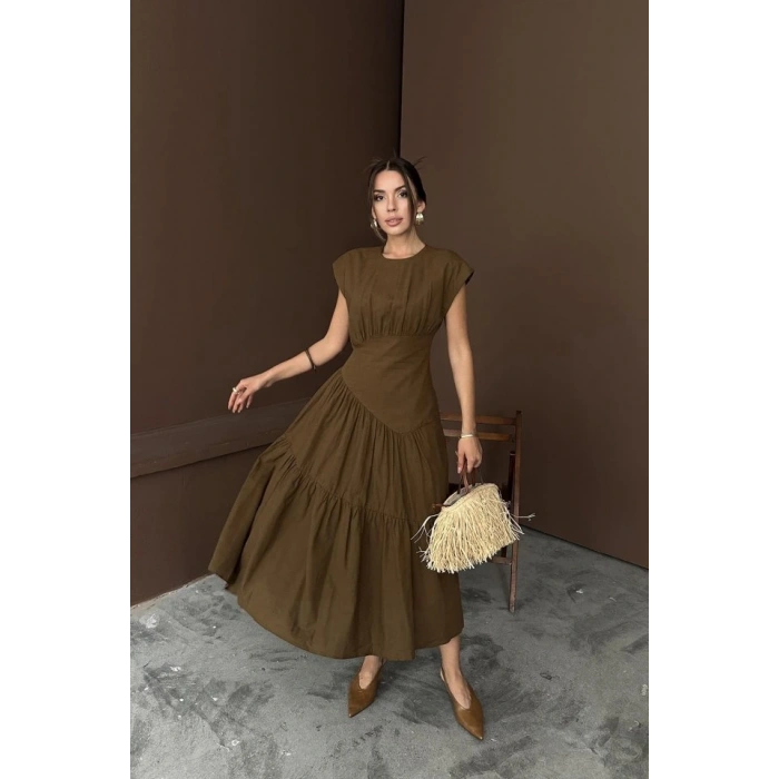 Kahverengi Büzgü Detaylı Keten Elbise