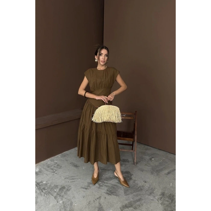 Kahverengi Büzgü Detaylı Keten Elbise