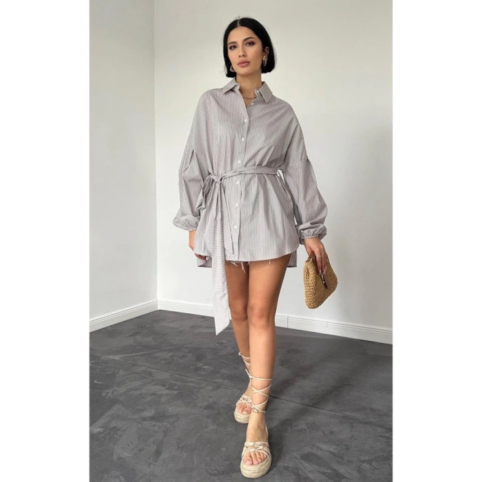 Kahverengi Çizgili Poplin Kuşaklı Gömlek